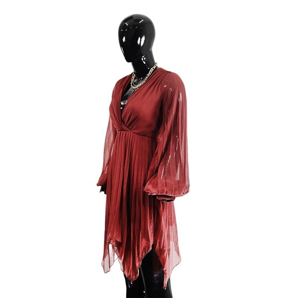 Burgundy Sheer Midi Dress with Flowy Sleeves & Wrap Front - Picture 2 of 6